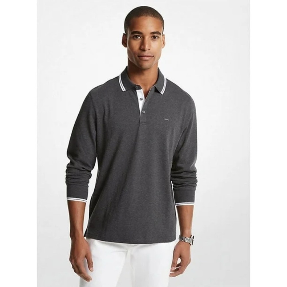 Michael Kors Long-Sleeve Greenwich Polo Charcoal Melange Mens Size XL